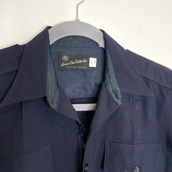 Vintage Louis The Tailor Shorts Sleeve Zip Up Button Shirt Mens 16 1/2 34 Navy - Picture 2 of 7